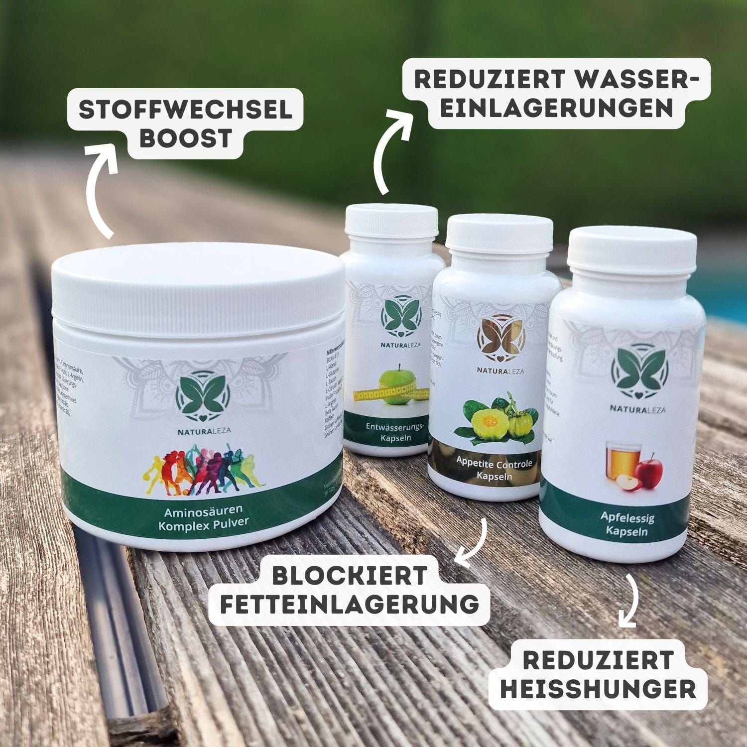 Inhaltsstoffe Metabo Burn: Apfelessig, Garcinia Cambogia, Stoffwechseldrink mit B-Vitaminen, entwässernde Pflanzenextrakte