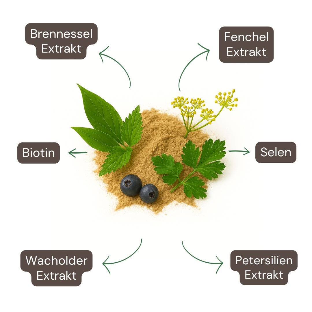 Inhaltsstoffe der Entwässerungskapseln: Brennnessel-, Petersilien-, Wacholder- & Fenchelextrakt, Magnesium, Biotin, Selen, Folsäure